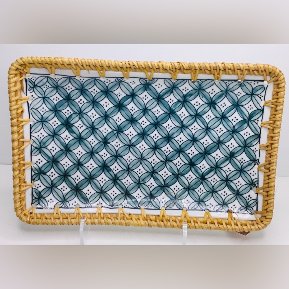 Rectangular Ceramic & Wicker Border 12” x 8” Made in Vietnam New